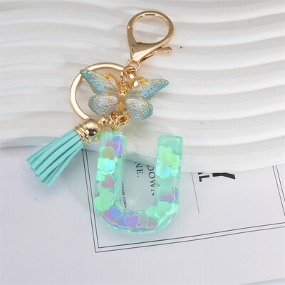 Breloc cu paiete inimă verde cu sclipici Inițiale din rășină Breloc cu fluture Rucsac Accesorii Decor Femei Fete Cadouri de petrecere