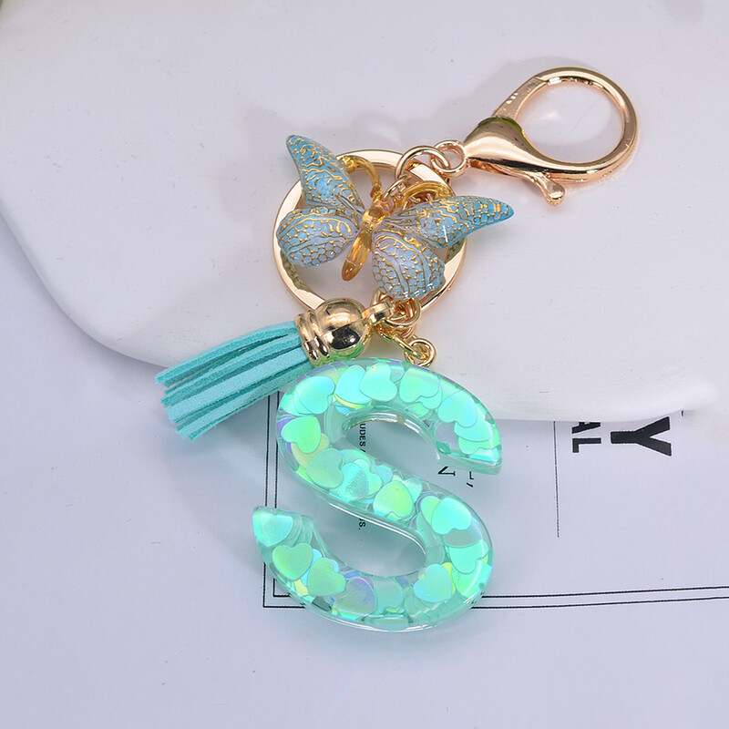 Breloc cu paiete inimă verde cu sclipici Inițiale din rășină Breloc cu fluture Rucsac Accesorii Decor Femei Fete Cadouri de petrecere