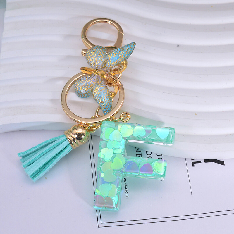 Breloc cu paiete inimă verde cu sclipici Inițiale din rășină Breloc cu fluture Rucsac Accesorii Decor Femei Fete Cadouri de petrecere