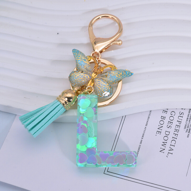 Breloc cu paiete inimă verde cu sclipici Inițiale din rășină Breloc cu fluture Rucsac Accesorii Decor Femei Fete Cadouri de petrecere