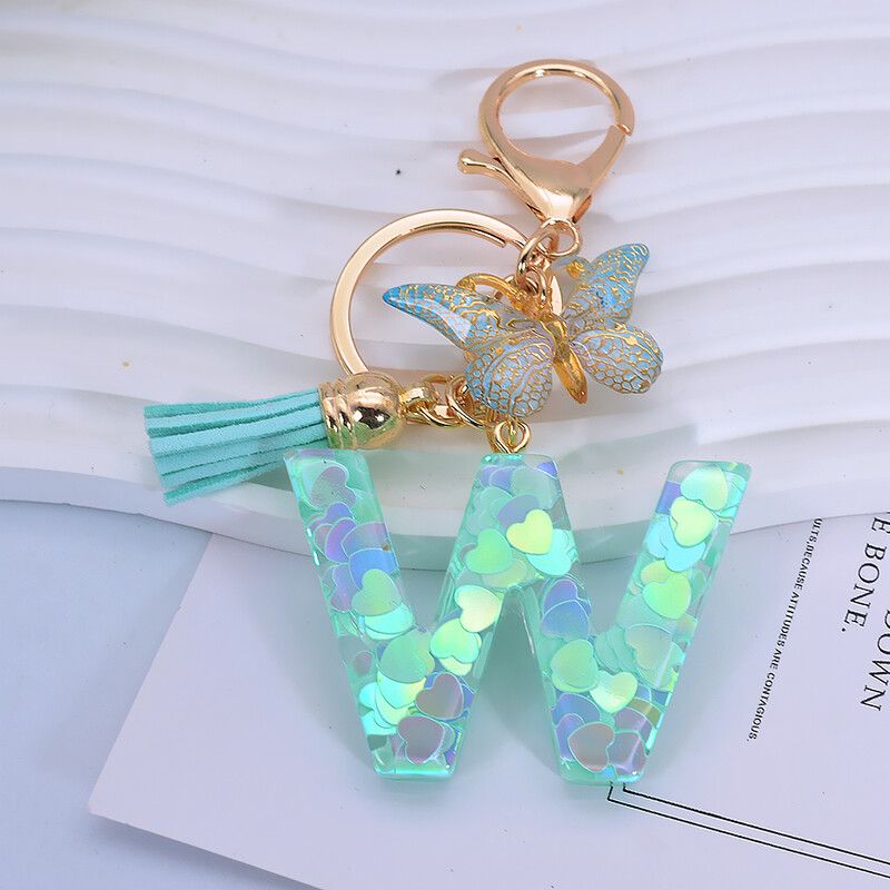 Breloc cu paiete inimă verde cu sclipici Inițiale din rășină Breloc cu fluture Rucsac Accesorii Decor Femei Fete Cadouri de petrecere