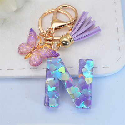 Breloc rafinat cu 26 inițiale albastre strălucitoare din rășină, cu litere de la A la Z, cu pandantiv cu ciucuri, pentru femei, bărbați, cadou de cuplu