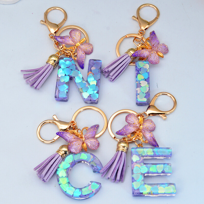 Breloc rafinat cu 26 inițiale albastre strălucitoare din rășină, cu litere de la A la Z, cu pandantiv cu ciucuri, pentru femei, bărbați, cadou de cuplu