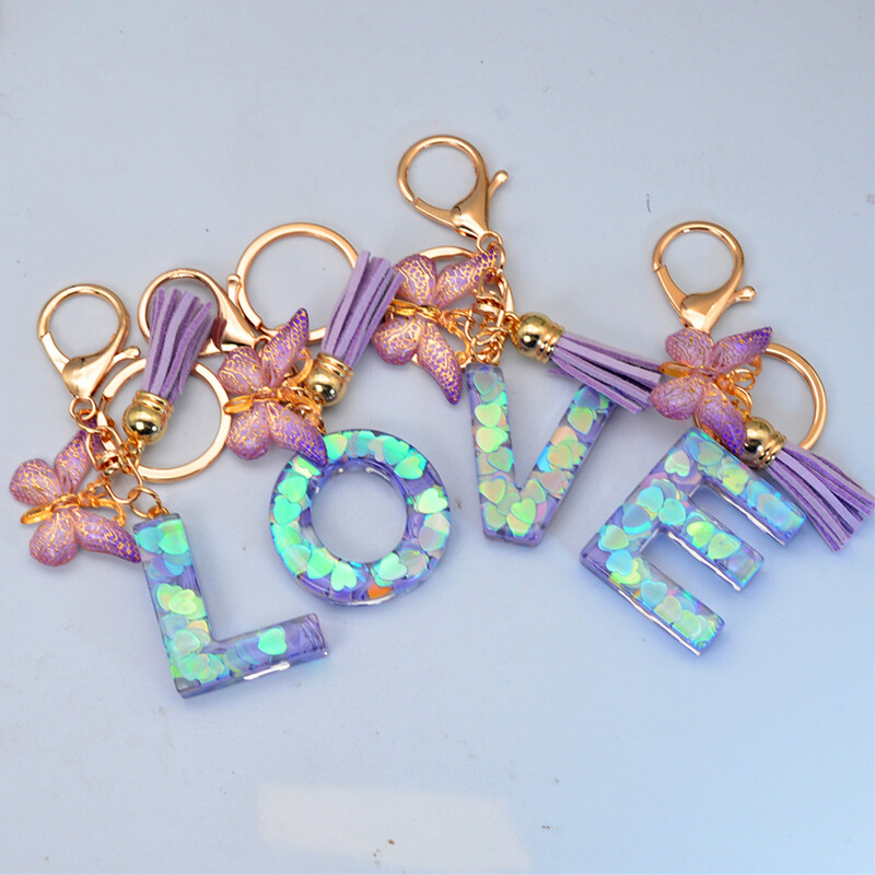 Breloc rafinat cu 26 inițiale albastre strălucitoare din rășină, cu litere de la A la Z, cu pandantiv cu ciucuri, pentru femei, bărbați, cadou de cuplu