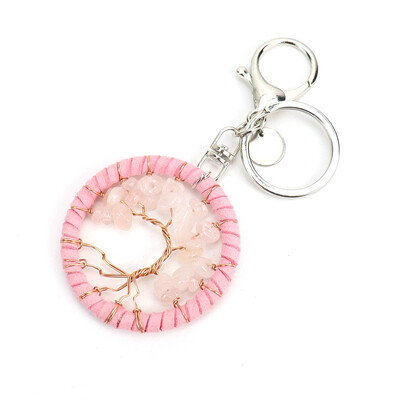 Breloc din piatră de cristal naturală lucrat manual, breloc cu pandantiv din copac al vieții, breloc din piele, cu bijuterii de vindecare pentru femei