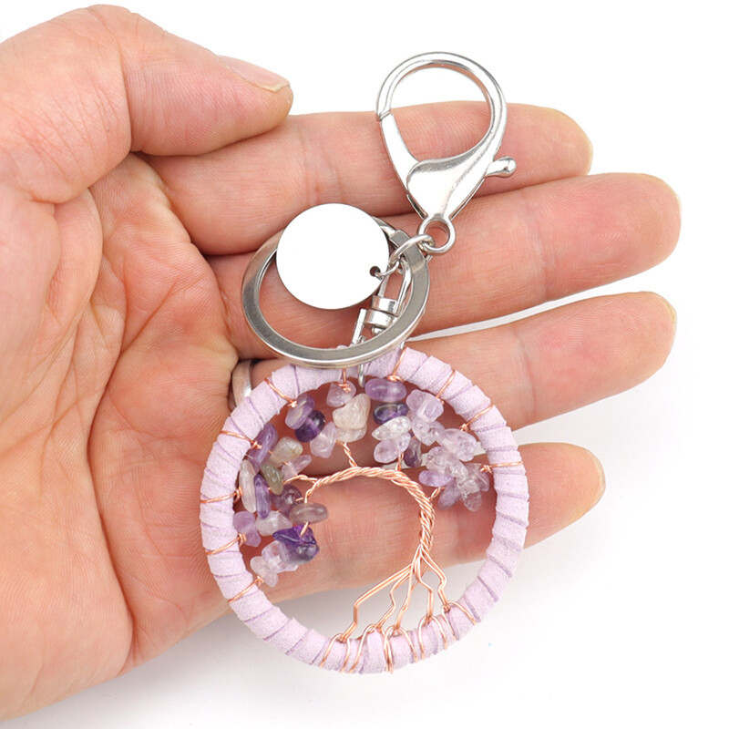 Breloc din piatră de cristal naturală lucrat manual, breloc cu pandantiv din copac al vieții, breloc din piele, cu bijuterii de vindecare pentru femei