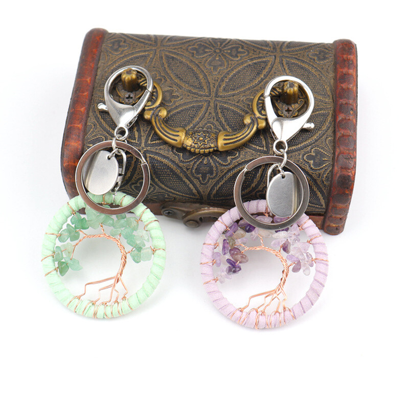 Breloc din piatră de cristal naturală lucrat manual, breloc cu pandantiv din copac al vieții, breloc din piele, cu bijuterii de vindecare pentru femei