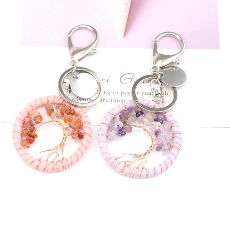 Breloc din piatră de cristal naturală lucrat manual, breloc cu pandantiv din copac al vieții, breloc din piele, cu bijuterii de vindecare pentru femei