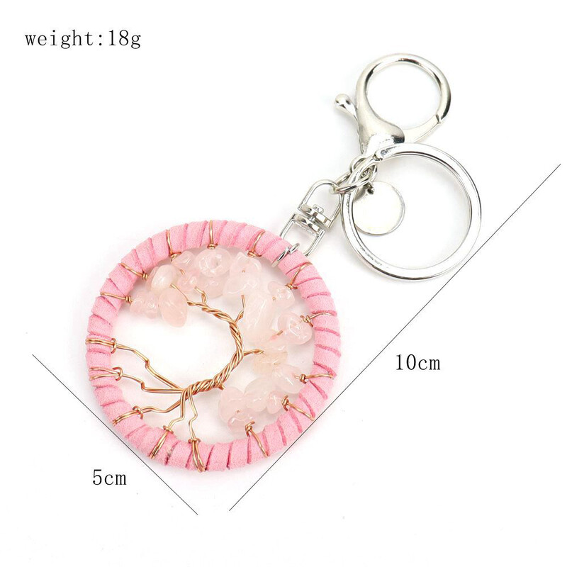 Breloc din piatră de cristal naturală lucrat manual, breloc cu pandantiv din copac al vieții, breloc din piele, cu bijuterii de vindecare pentru femei