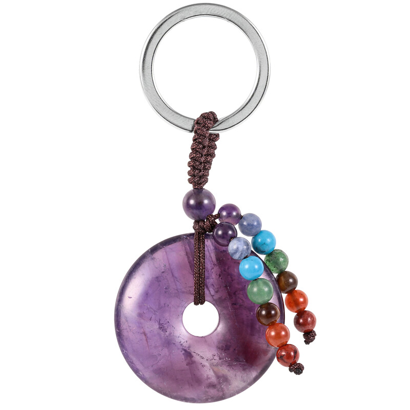 Breloc cu gogoașă din cristal natural, vindecare, 7 chakre, mărgele rotunde de piatră, monede norocoase, brelocuri, șnur pentru chei de mașină, portofel, rucsac