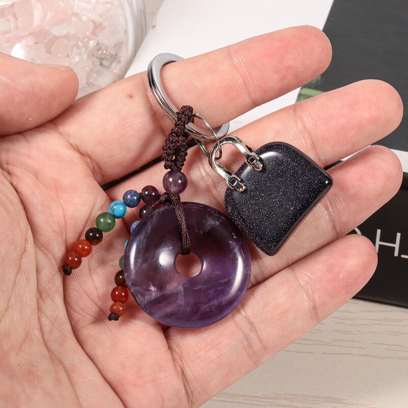 Breloc cu gogoașă din cristal natural, vindecare, 7 chakre, mărgele rotunde de piatră, monede norocoase, brelocuri, șnur pentru chei de mașină, portofel, rucsac