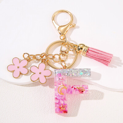 Rožinės gėlės pradinis raktų pakabukas Drop klijų derva 26 angliškų raidžių raktų pakabukas AEKLMS Pakabinama moteriška rankinė Aksesuaras Dovana