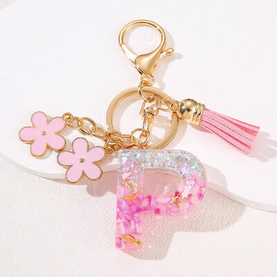 Rožinės gėlės pradinis raktų pakabukas Drop klijų derva 26 angliškų raidžių raktų pakabukas AEKLMS Pakabinama moteriška rankinė Aksesuaras Dovana