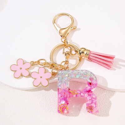 Rožinės gėlės pradinis raktų pakabukas Drop klijų derva 26 angliškų raidžių raktų pakabukas AEKLMS Pakabinama moteriška rankinė Aksesuaras Dovana