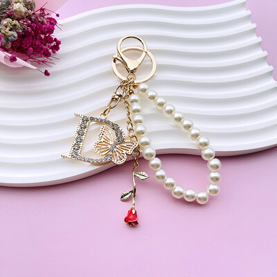 Inițial AZ 26 Fluture Litere majuscule Trandafir Breloc Strasuri Rășină Perle Breloc Cu mărgele Sacoșă Pandantiv Bijuterii Cadou pentru femei