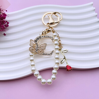 Inițial AZ 26 Fluture Litere majuscule Trandafir Breloc Strasuri Rășină Perle Breloc Cu mărgele Sacoșă Pandantiv Bijuterii Cadou pentru femei