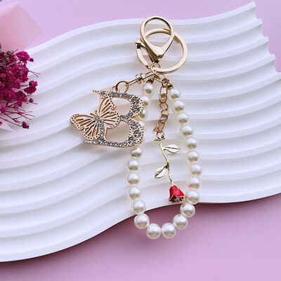 Inițial AZ 26 Fluture Litere majuscule Trandafir Breloc Strasuri Rășină Perle Breloc Cu mărgele Sacoșă Pandantiv Bijuterii Cadou pentru femei