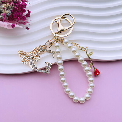 Inițial AZ 26 Fluture Litere majuscule Trandafir Breloc Strasuri Rășină Perle Breloc Cu mărgele Sacoșă Pandantiv Bijuterii Cadou pentru femei