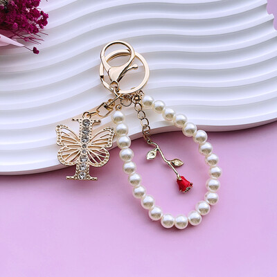 Inițial AZ 26 Fluture Litere majuscule Trandafir Breloc Strasuri Rășină Perle Breloc Cu mărgele Sacoșă Pandantiv Bijuterii Cadou pentru femei