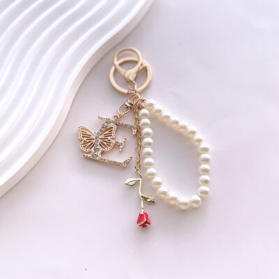 Inițial AZ 26 Fluture Litere majuscule Trandafir Breloc Strasuri Rășină Perle Breloc Cu mărgele Sacoșă Pandantiv Bijuterii Cadou pentru femei