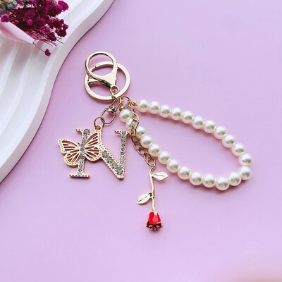 Inițial AZ 26 Fluture Litere majuscule Trandafir Breloc Strasuri Rășină Perle Breloc Cu mărgele Sacoșă Pandantiv Bijuterii Cadou pentru femei