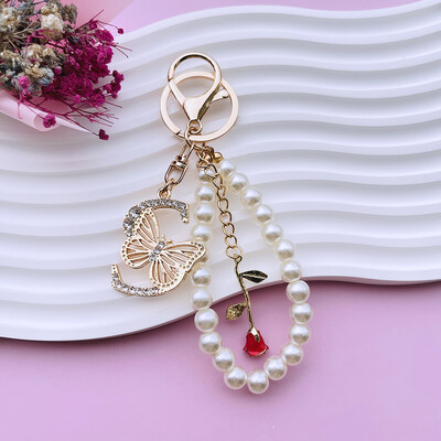 Inițial AZ 26 Fluture Litere majuscule Trandafir Breloc Strasuri Rășină Perle Breloc Cu mărgele Sacoșă Pandantiv Bijuterii Cadou pentru femei