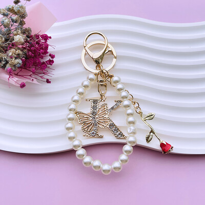 Inițial AZ 26 Fluture Litere majuscule Trandafir Breloc Strasuri Rășină Perle Breloc Cu mărgele Sacoșă Pandantiv Bijuterii Cadou pentru femei