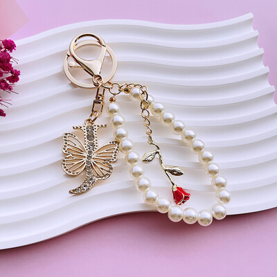 Inițial AZ 26 Fluture Litere majuscule Trandafir Breloc Strasuri Rășină Perle Breloc Cu mărgele Sacoșă Pandantiv Bijuterii Cadou pentru femei