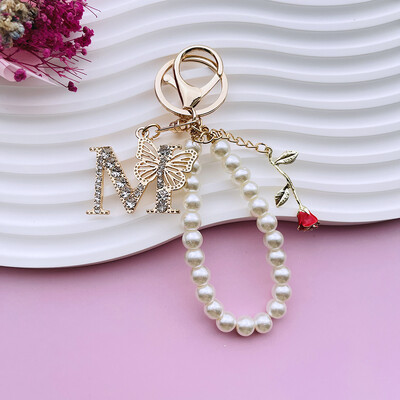 Inițial AZ 26 Fluture Litere majuscule Trandafir Breloc Strasuri Rășină Perle Breloc Cu mărgele Sacoșă Pandantiv Bijuterii Cadou pentru femei