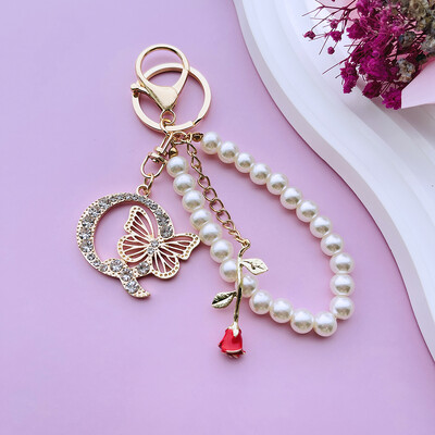 Inițial AZ 26 Fluture Litere majuscule Trandafir Breloc Strasuri Rășină Perle Breloc Cu mărgele Sacoșă Pandantiv Bijuterii Cadou pentru femei