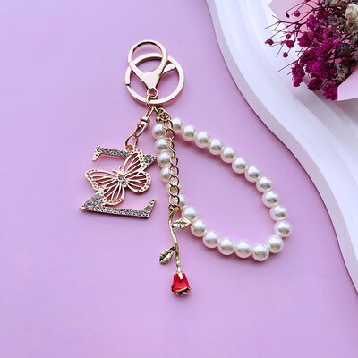 Inițial AZ 26 Fluture Litere majuscule Trandafir Breloc Strasuri Rășină Perle Breloc Cu mărgele Sacoșă Pandantiv Bijuterii Cadou pentru femei