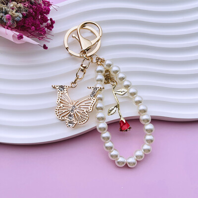 Inițial AZ 26 Fluture Litere majuscule Trandafir Breloc Strasuri Rășină Perle Breloc Cu mărgele Sacoșă Pandantiv Bijuterii Cadou pentru femei