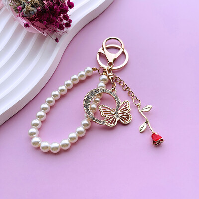 Inițial AZ 26 Fluture Litere majuscule Trandafir Breloc Strasuri Rășină Perle Breloc Cu mărgele Sacoșă Pandantiv Bijuterii Cadou pentru femei