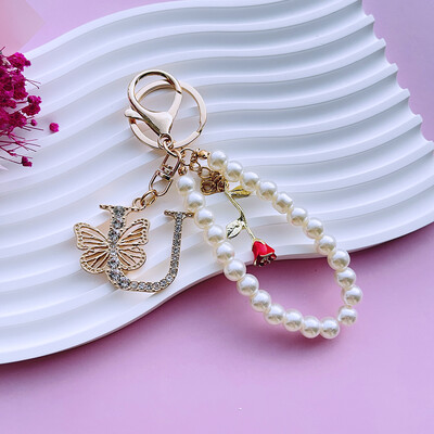 Inițial AZ 26 Fluture Litere majuscule Trandafir Breloc Strasuri Rășină Perle Breloc Cu mărgele Sacoșă Pandantiv Bijuterii Cadou pentru femei