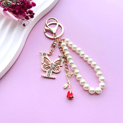 Inițial AZ 26 Fluture Litere majuscule Trandafir Breloc Strasuri Rășină Perle Breloc Cu mărgele Sacoșă Pandantiv Bijuterii Cadou pentru femei