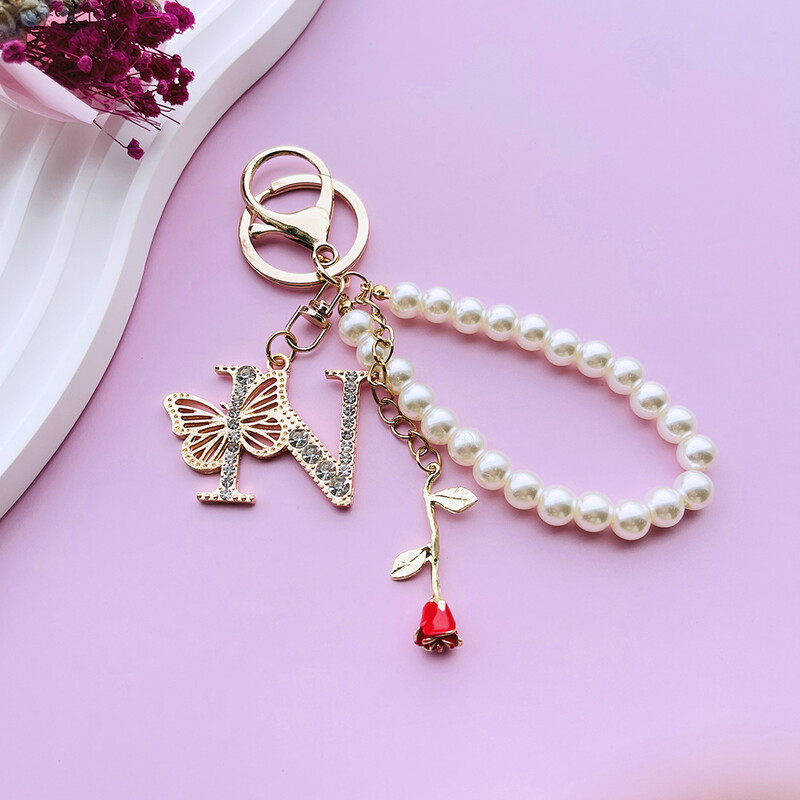 Inițial AZ 26 Fluture Litere majuscule Trandafir Breloc Strasuri Rășină Perle Breloc Cu mărgele Sacoșă Pandantiv Bijuterii Cadou pentru femei