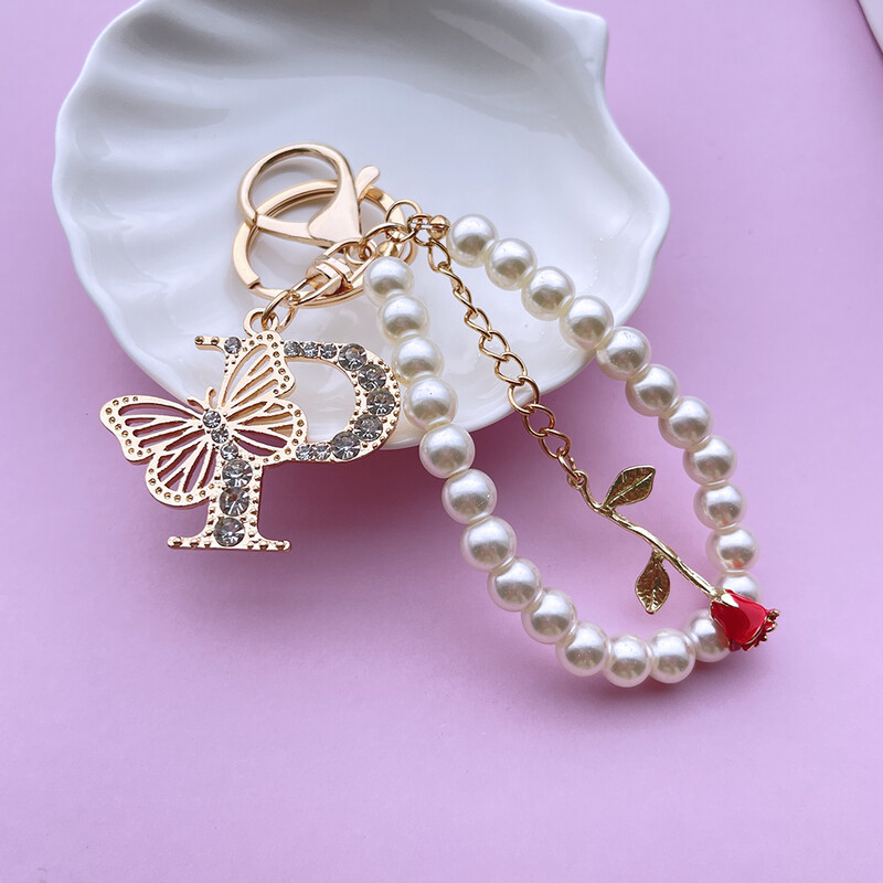 Inițial AZ 26 Fluture Litere majuscule Trandafir Breloc Strasuri Rășină Perle Breloc Cu mărgele Sacoșă Pandantiv Bijuterii Cadou pentru femei