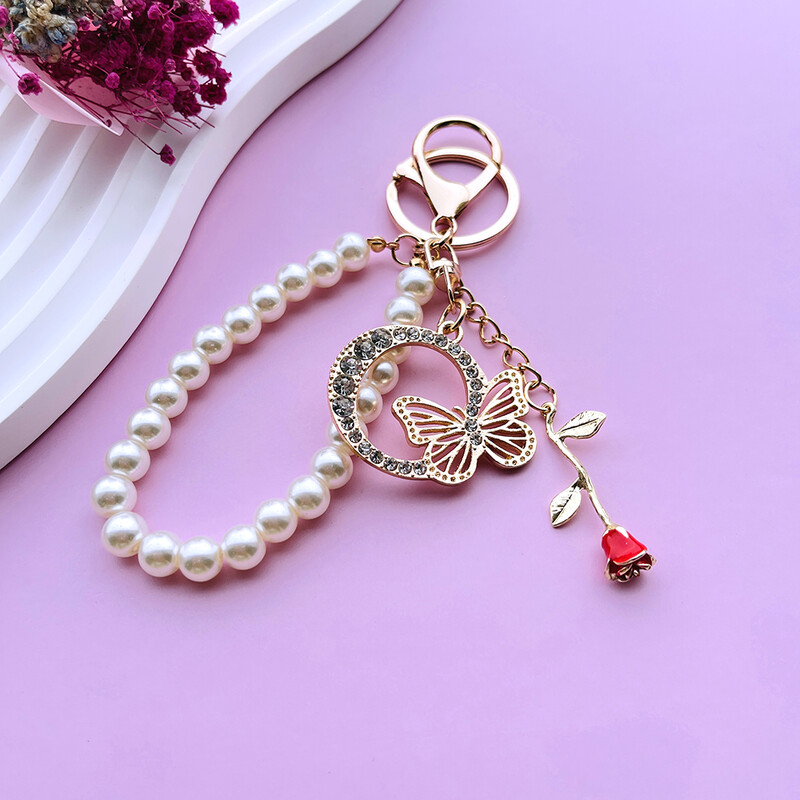 Inițial AZ 26 Fluture Litere majuscule Trandafir Breloc Strasuri Rășină Perle Breloc Cu mărgele Sacoșă Pandantiv Bijuterii Cadou pentru femei