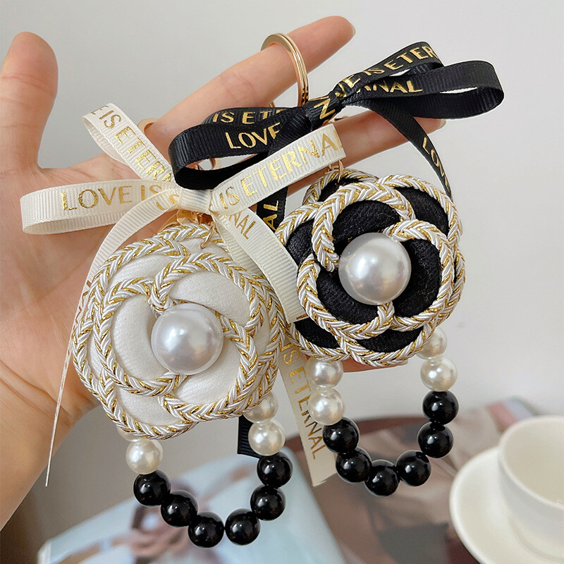 Saldus romantiškas rankų darbo audinio peteliškė perlų grandinėlė Camellia raktų pakabukas automobilinis raktų krepšys pakabukas moterims merginai raktų pakabukas dovanų papuošalai