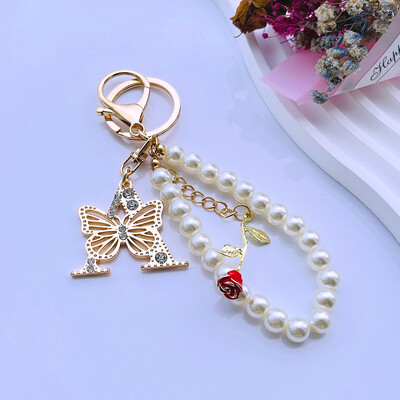 Rafinat Inițial AZ 26 Fluture Litere Majuscule Trandafir Roșu Breloc Cristal Rășină Perle Breloc Breloc Pandantiv Geanta Femei Cadou