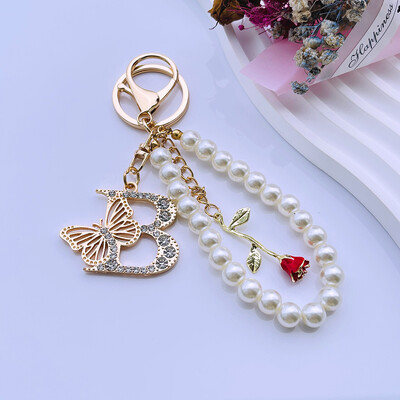 Rafinat Inițial AZ 26 Fluture Litere Majuscule Trandafir Roșu Breloc Cristal Rășină Perle Breloc Breloc Pandantiv Geanta Femei Cadou