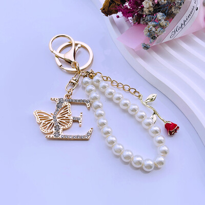 Rafinat Inițial AZ 26 Fluture Litere Majuscule Trandafir Roșu Breloc Cristal Rășină Perle Breloc Breloc Pandantiv Geanta Femei Cadou