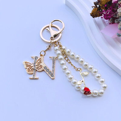 Rafinat Inițial AZ 26 Fluture Litere Majuscule Trandafir Roșu Breloc Cristal Rășină Perle Breloc Breloc Pandantiv Geanta Femei Cadou