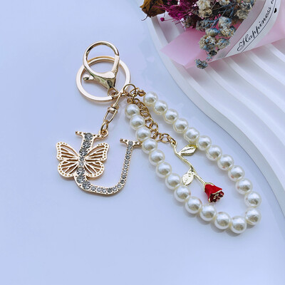 Rafinat Inițial AZ 26 Fluture Litere Majuscule Trandafir Roșu Breloc Cristal Rășină Perle Breloc Breloc Pandantiv Geanta Femei Cadou