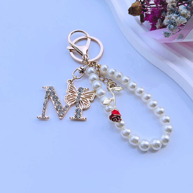 Rafinat Inițial AZ 26 Fluture Litere Majuscule Trandafir Roșu Breloc Cristal Rășină Perle Breloc Breloc Pandantiv Geanta Femei Cadou