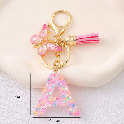 Breloc cu alfabet drăguț cu ciucuri la modă, rășină, paiete colorate, breloc cu scrisoare fluture, ideal pentru poșeta festivă pentru doamne.