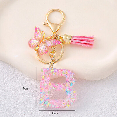 Breloc cu alfabet drăguț cu ciucuri la modă, rășină, paiete colorate, breloc cu scrisoare fluture, ideal pentru poșeta festivă pentru doamne.