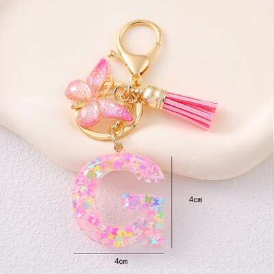 Breloc cu alfabet drăguț cu ciucuri la modă, rășină, paiete colorate, breloc cu scrisoare fluture, ideal pentru poșeta festivă pentru doamne.