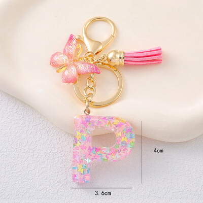 Breloc cu alfabet drăguț cu ciucuri la modă, rășină, paiete colorate, breloc cu scrisoare fluture, ideal pentru poșeta festivă pentru doamne.