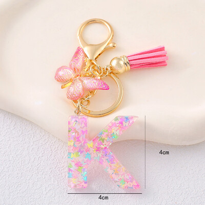 Breloc cu alfabet drăguț cu ciucuri la modă, rășină, paiete colorate, breloc cu scrisoare fluture, ideal pentru poșeta festivă pentru doamne.